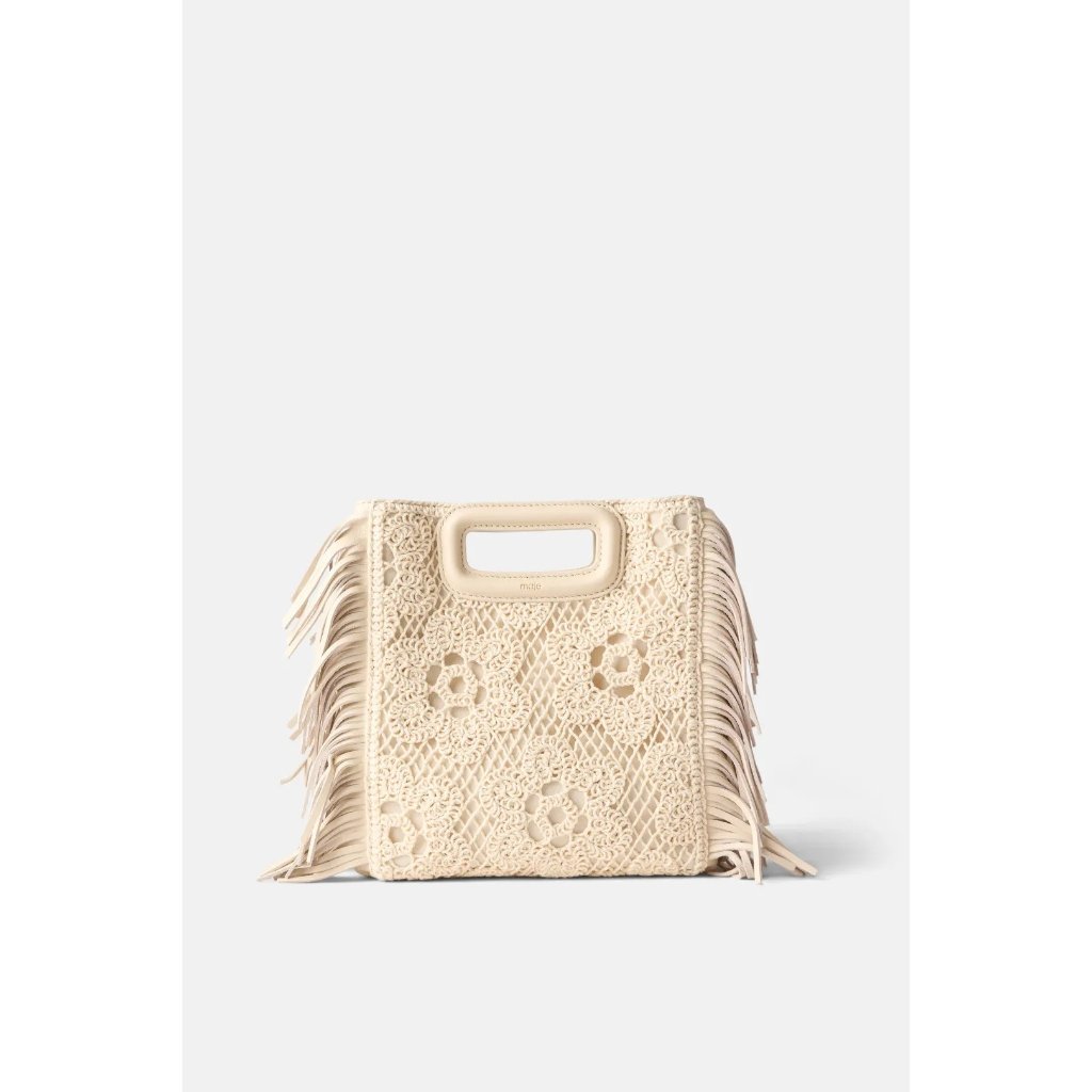 Maje Cream Crochet Fringe Top-Handle Bag
